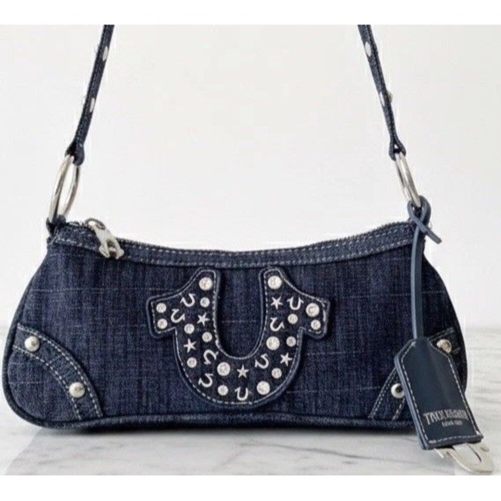 True Religion Denim Mini Tote Bag NWT Blue Crystal Horseshoe Logo Y2K Hobo Purse